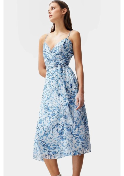 A Line Midi Elbise Şifon Dokuma V Yaka Kuşaklı Soyut Desen Profesyonel Görünüm fiyatları