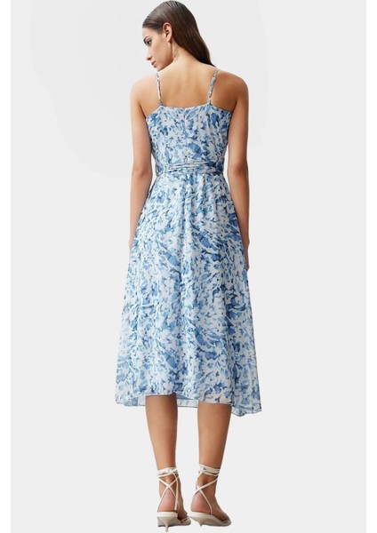 A Line Midi Elbise Şifon Dokuma V Yaka Kuşaklı Soyut Desen Profesyonel Görünüm modelleri