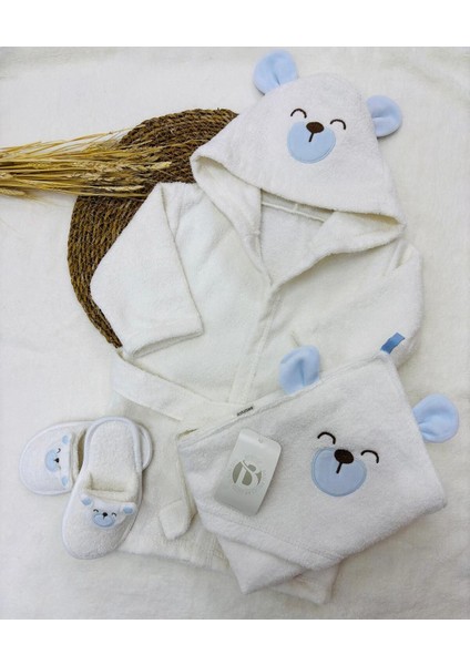 Erkek Bebek 0- 3 Yaş Köpek Desen Bornoz Takımı Doğal Pamuklu modelleri