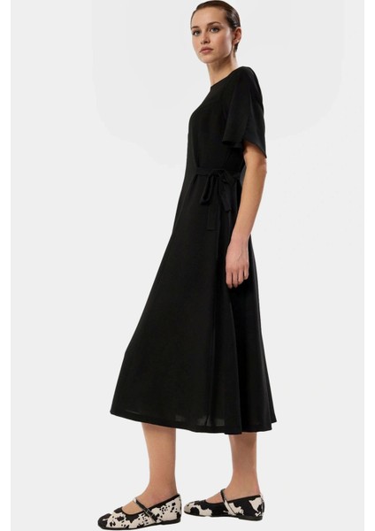 Polyester Krep Midi Elbise A Kesim Kısa Melek Kol Günlük Yazlık Mükemmel Uyum Rahat ve Şık