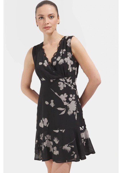 Dokuma Şifon Mini Elbise A Line Kolsuz Çiçekli Desen Rahat Kullanım Özenle Seçilmiş
