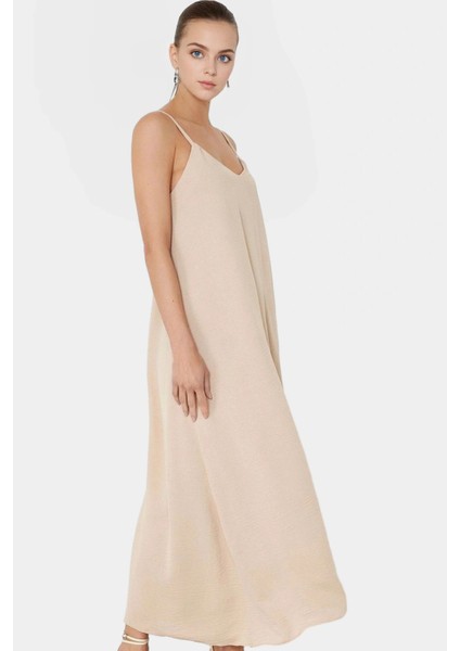 Rahat Yazlık Maxi Elbise Aerobin Dokuma Polyester Shift Kalıp V Yaka Konforlu Kesim