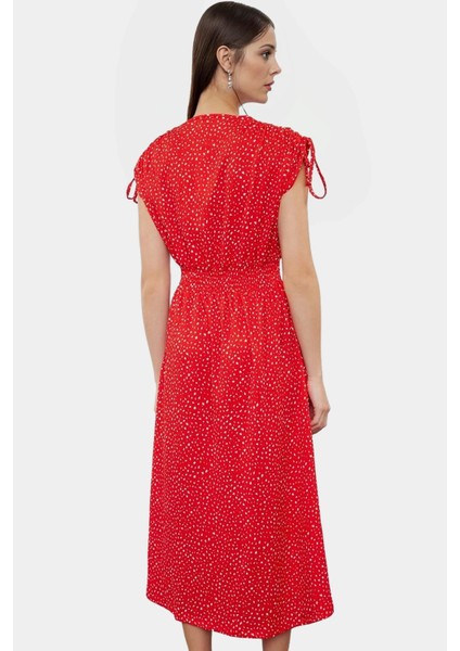 Desenli Midi Elbise Yazlık Rahat Polyester Kruvaze Beli Lastikli Kullanım modelleri