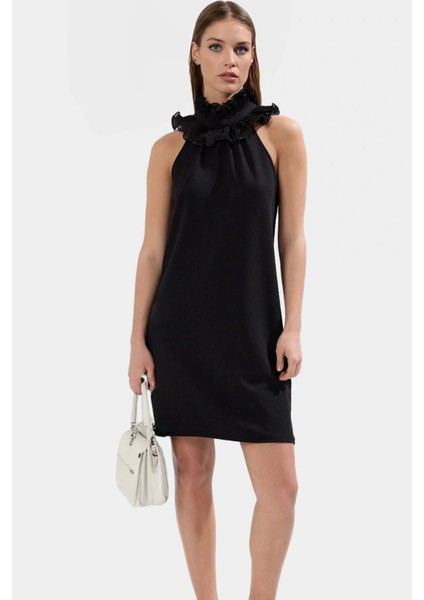 Esnek Krep Kumaş Midi Elbise Fırfırlı Yaka A Line Kalıp Şık Günlük Konforlu Kesim