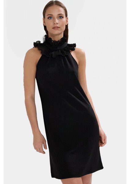 Esnek Krep Kumaş Midi Elbise Fırfırlı Yaka A Line Kalıp Şık Günlük Konforlu Kesim fiyatları