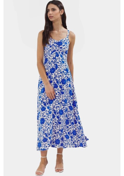 Viskoz Dokuma Çiçekli Skater Elbise Rahat Yazlık Stil Midi Boy V Yaka Premium Kalite