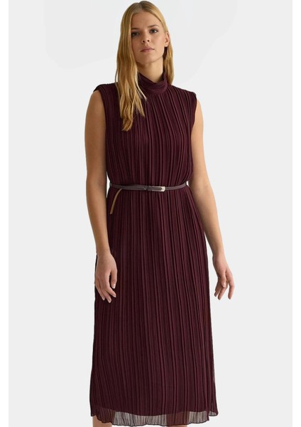 Polyester Şifon Midi Elbise Düz Kesim Piliseli Kemer Detayı Dayanıklı Malzeme Rahat ve Şık