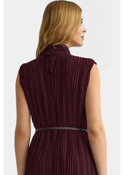 Polyester Şifon Midi Elbise Düz Kesim Piliseli Kemer Detayı Dayanıklı Malzeme Rahat ve Şık