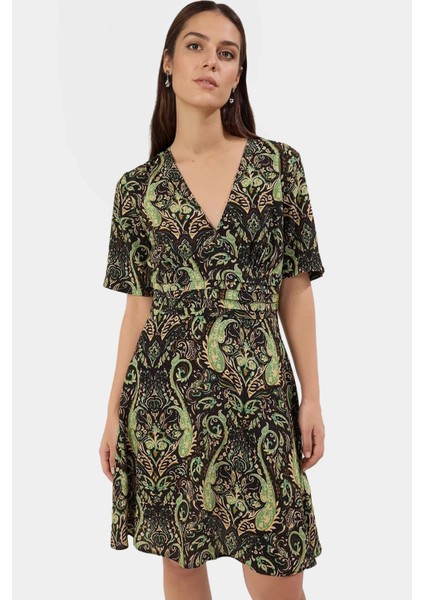 Şık Çiçekli Viskoz Mini Elbise Rahat A Line Kalıp Yazlık Modern Stil Seçkin Malzeme