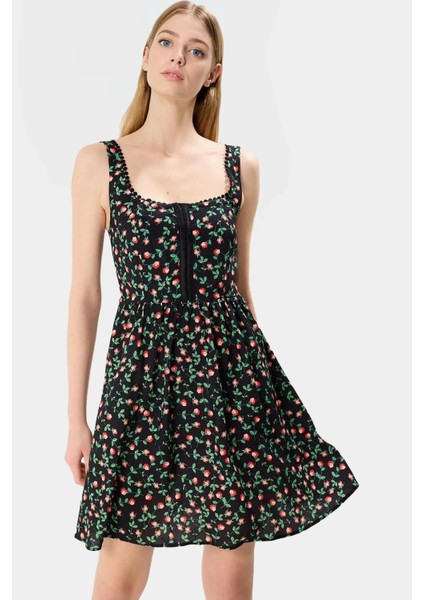 Çiçekli Agraflı Mini Elbise Viskoz Kumaş Skater Kalıp Yazlık Profesyonel Görünüm modelleri