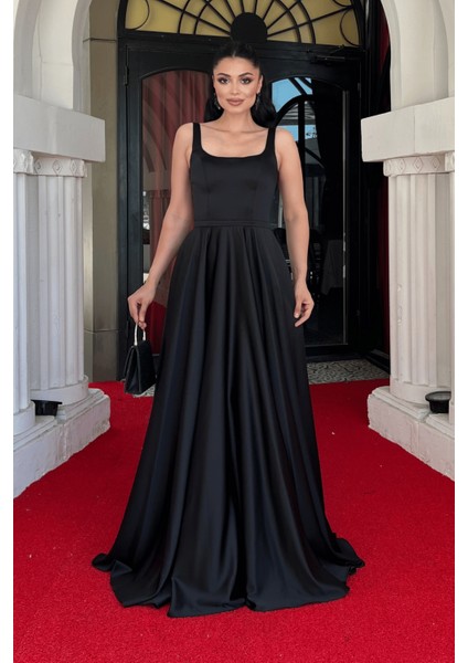 Saten Kumaş Sırtı Ipli Askılı Maxi Elbise - Siyah