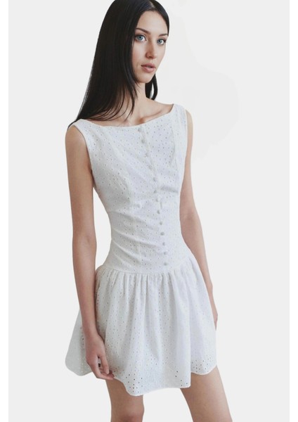 Pamuklu Brode Mini Elbise Skater Kalıp Kayık Yaka Astarlı Özel Tasarım Profesyonel Görünüm fiyatları