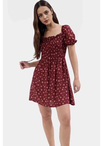 Kısa Kollu Çiçekli Mini Elbise Viskoz Skater Rahat Yazlık Trend Tasarım Modern Stil