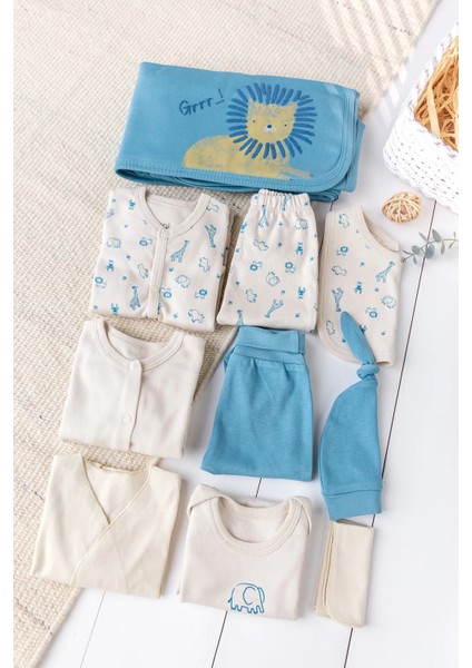 Aslan Temalı 100% Pamuk 10'lu Erkek Bebek Hastane Çıkışı Bebek Takımı Set