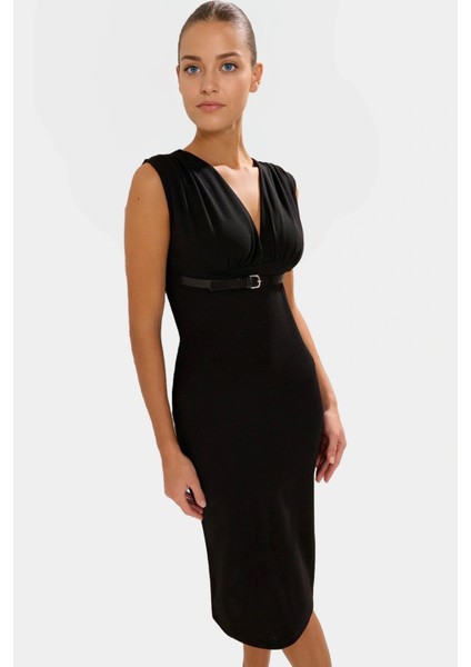 Kemerli V Yaka Örme Midi Elbise Scuba Krep Polyester Günlük Profesyonel Görünüm Mükemmel Uyum
