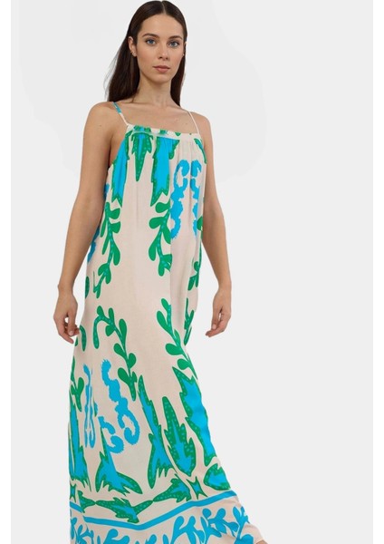 Şık Maxi Elbise Viskoz Kumaş Tropikal Desen Kare Yaka Dayanıklı Malzeme Uzun Ömürlü Modern Stil