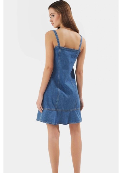 Yazlık Denim Elbise Pamuk Mini Boy Kare Yaka Kaliteli Işçilik Rahat ve Şık