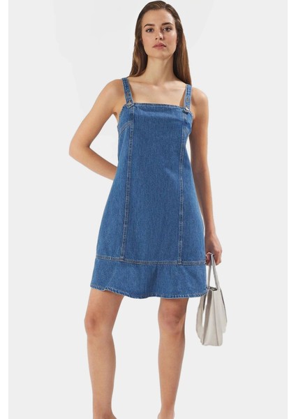 Yazlık Denim Elbise Pamuk Mini Boy Kare Yaka Kaliteli Işçilik Rahat ve Şık fiyatları