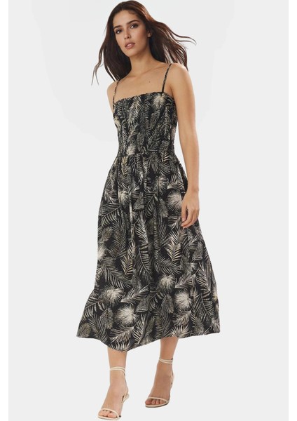 Viskoz Dokuma Midi Elbise Tropikal Desen Skater Kalıp Rahat Yazlık Premium Kalite modelleri
