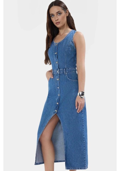 Pamuk Denim Midi Elbise Yırtmaçlı Düğmeli Havuz Yaka Şık Yazlık Profesyonel Görünüm