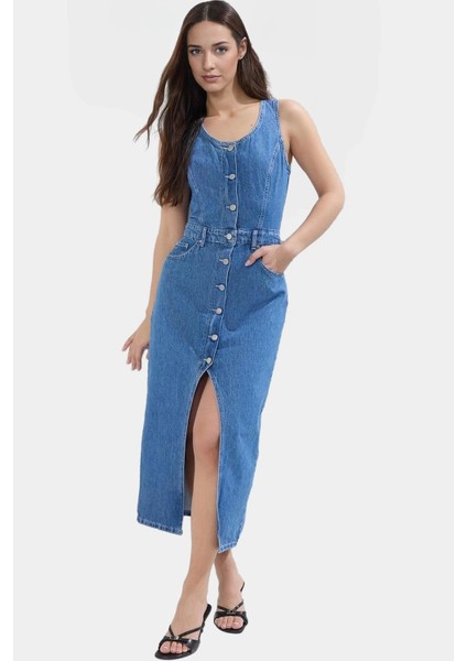 Pamuk Denim Midi Elbise Yırtmaçlı Düğmeli Havuz Yaka Şık Yazlık Profesyonel Görünüm modelleri