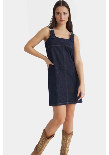 Ayarlanabilir Askılı Pamuk Denim Mini Elbise Rahat Kalıp Yazlık ve Şık Zarifane Tasarım