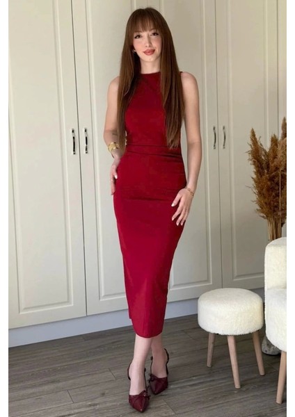 Kadın Sıfır Kol Sıfır Yaka Drape Detaylı Midi Janjan Krep Elbise