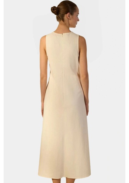 Nefes Alan Pamuklu Keten Midi Elbise Shift Kalıp Kolsuz Dikiş Detayları Modern Stil