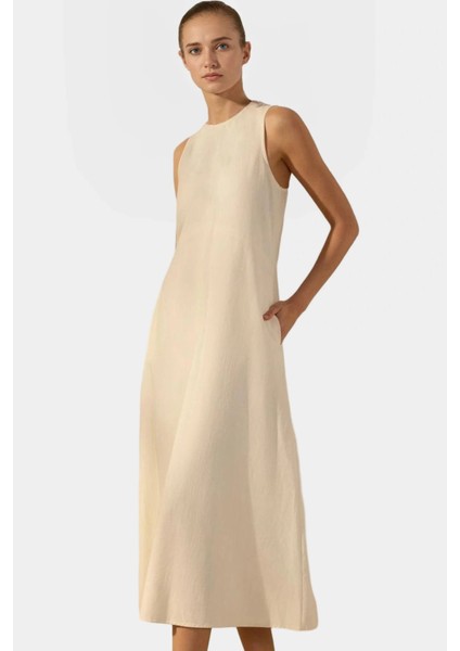 Nefes Alan Pamuklu Keten Midi Elbise Shift Kalıp Kolsuz Dikiş Detayları Modern Stil fiyatları