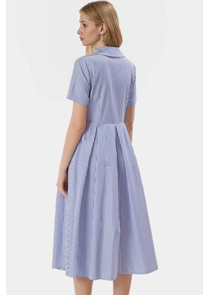 Çizgili Yarım Patlı Midi Elbise Ipliği Boyalı Dokuma Kumaş Rahat Kalıp Mükemmel Uyum