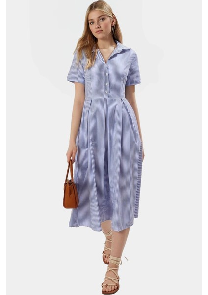 Çizgili Yarım Patlı Midi Elbise Ipliği Boyalı Dokuma Kumaş Rahat Kalıp Mükemmel Uyum fiyatları