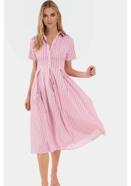 Çizgili Yarım Patlı Midi Elbise Ipliği Boyalı Dokuma Kumaş Rahat Kalıp Mükemmel Uyum