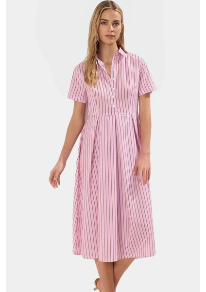 Çizgili Yarım Patlı Midi Elbise Ipliği Boyalı Dokuma Kumaş Rahat Kalıp Mükemmel Uyum fiyatları