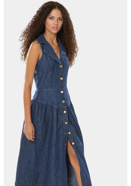 Klasik Denim Elbise Midi Boy Gömlek Yaka Pamuklu Rahat Kaliteli Işçilik ve Şık Özenle Seçilmiş