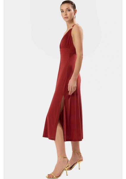 Aksesuar Detaylı V Yaka Bodycon Elbise Örme Kumaş Midi Boy Nefes Alabilir Kaliteli Işçilik modelleri