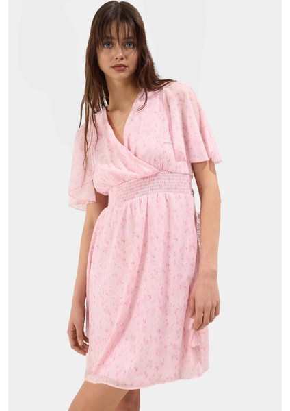 Yazlık Şifon Mini Elbise V Yaka Melek Kol Skater Kalıp Çiçek Desenli Zarifane Tasarım