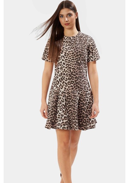 Pamuk Denim Mini Elbise Leopar Desenli Fırfırlı Etek Kısa Kollu Bodycon Zarifane Tasarım