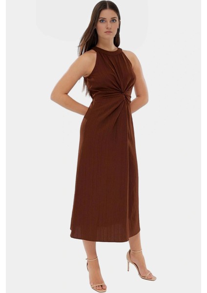 Şık Halter Yaka Midi Elbise Crinkle Dokuma A Line Kesim Günlük Kullanım Premium Kalite