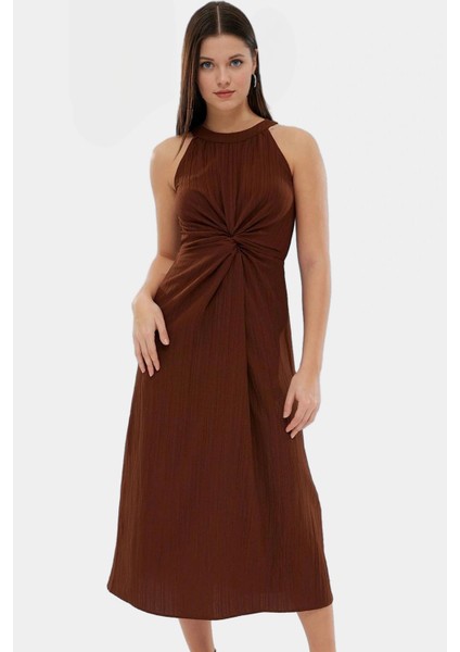 Şık Halter Yaka Midi Elbise Crinkle Dokuma A Line Kesim Günlük Kullanım Premium Kalite fiyatları