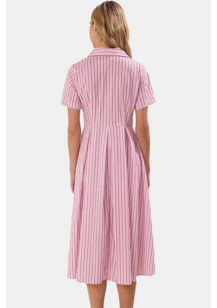 Çizgili Yarım Patlı Midi Elbise Ipliği Boyalı Dokuma Kumaş Rahat Kalıp Mükemmel Uyum modelleri