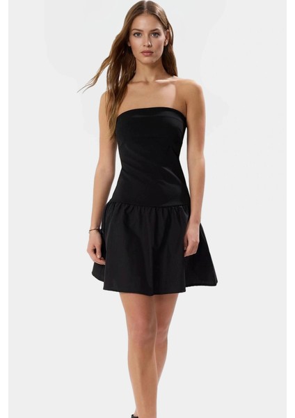 Straplez Dokuma Detaylı A Line Mini Örme Elbise Pamuklu Elastan Yazlık Mükemmel Uyum