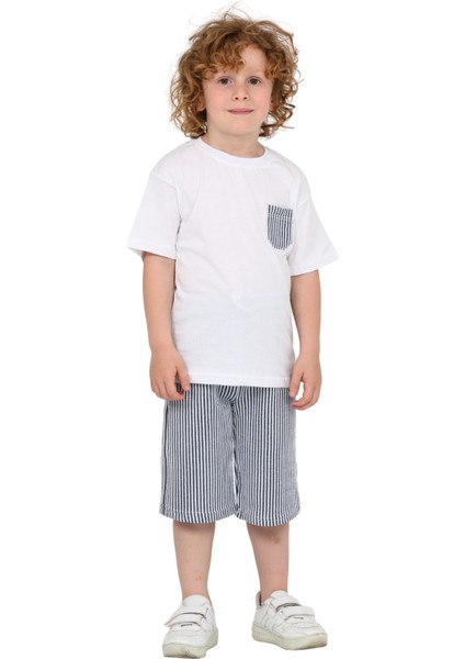 Erkek Çocuk Basic T-Shirt Şort Çizgili Kaprili Yazlık 2'li Takım
