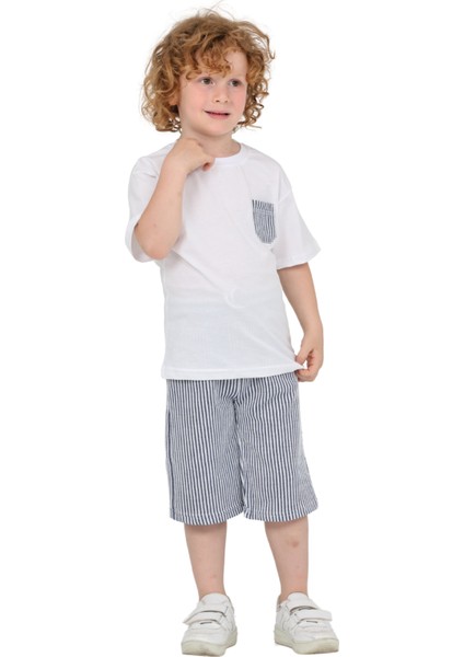 Erkek Çocuk Basic T-Shirt Şort Çizgili Kaprili Yazlık 2'li Takım modelleri