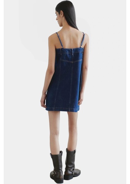 Mini Denim Elbise %pamuk Kolsuz A Line Metal Toka Detay Özel Tasarım Uzun Ömürlü