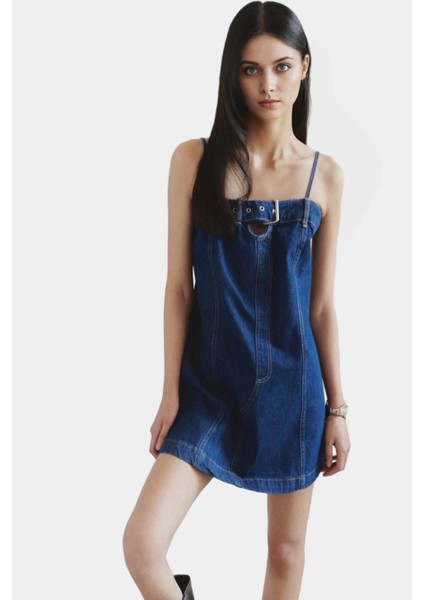 Mini Denim Elbise %pamuk Kolsuz A Line Metal Toka Detay Özel Tasarım Uzun Ömürlü fiyatları