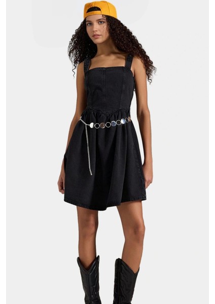 Denim Mini Elbise Fırfırlı Etekli Rahat Yazlık Pamuk Modern Stil Günlük Kullanım Için