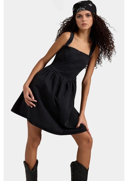 Denim Mini Elbise Fırfırlı Etekli Rahat Yazlık Pamuk Modern Stil Günlük Kullanım Için modelleri