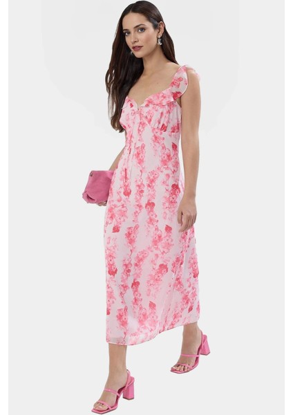 A Line Kolsuz Midi Elbise Çiçek Desenli Şifon Dokuma Yazlık Kaliteli Işçilik modelleri