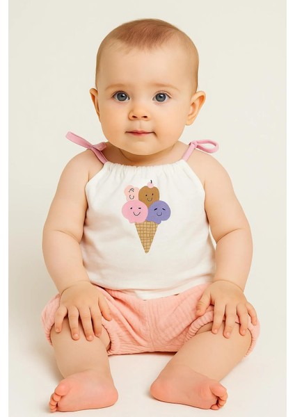 Kız Bebek Askılı Dondurma Baskılı 2 Li Takım %100 Pamuk