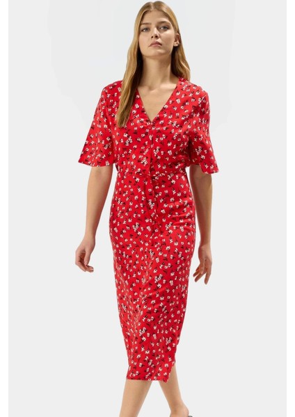 Çiçekli Viskoz Midi Elbise A Line Kesim Kısa Kollu Rahat ve Şık Modern Stil